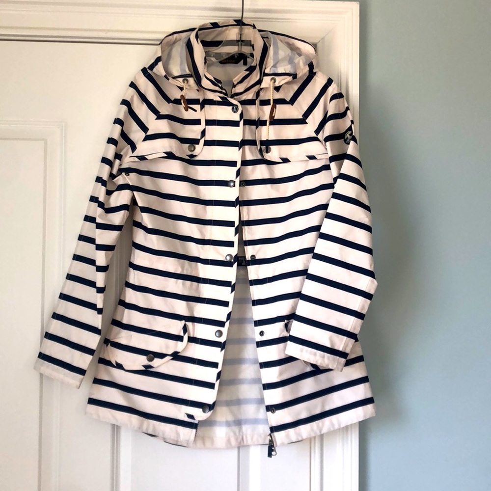 Barbour Trevose Striped women’s waterproof rain jacket white with blue stripes